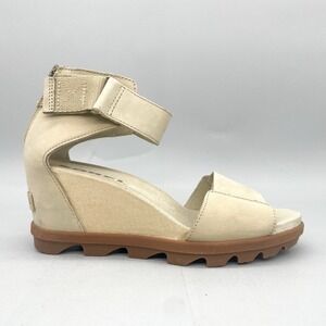 Sorel Womens 9 Joanie Sandals Shoes Oatmeal Leather Wedge Heels Ankle Strap Boho